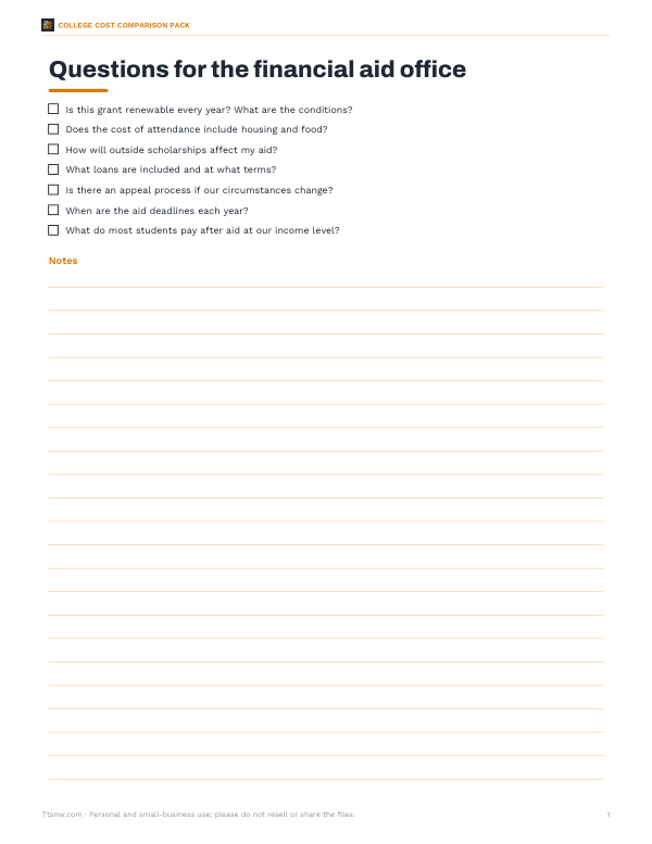 Preview of Printable Financial Aid Questions List